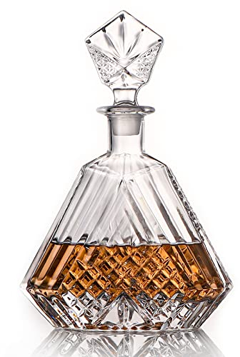 Decanter in vetro con tappo geometrico ermetico, decanter per whisky, per vino, bourbon, brandy, liquori, succhi di frutta, acqua, collutorio, vetro italiano senza piombo (650 ml)