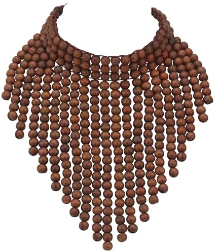 Coiris Boho African Wooden Beaded Bib Statement Necklace Strands Layered Cluster Chunky Collar Choker Wood Necklace for Women Fashion Costume Jewelry(N0065-Brwon)