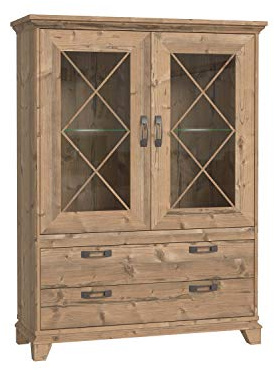 FORTE Nepal Vitrine mit 2 Glastüren und 2 Schubladen, Holzwerkstoff, Bramberg Fichte, 120,3 x 161,2 x 45