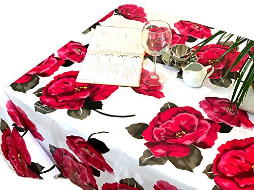 First Choice Vinyls Alux - Waterproof Oilcloth Table Cloth - Wipeable Tablecloths for Picnic - Non-Fading Plastic Table Cover with Better Than Flannel Backing - Red Roses (55x90in Oval)