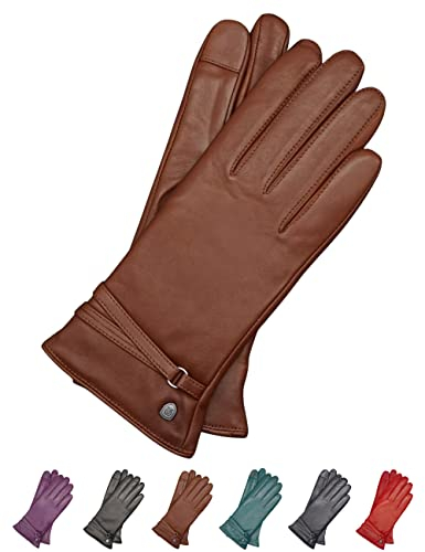AKAROA ESTD 2019 Lederhandschuhe Damen ISA2, Touchscreen Funktion, italienisches Leder, recyceltes Strickfutter aus 50% Kaschmir und 50% Wolle, 4 Größen S - XL, cognac, S - 7