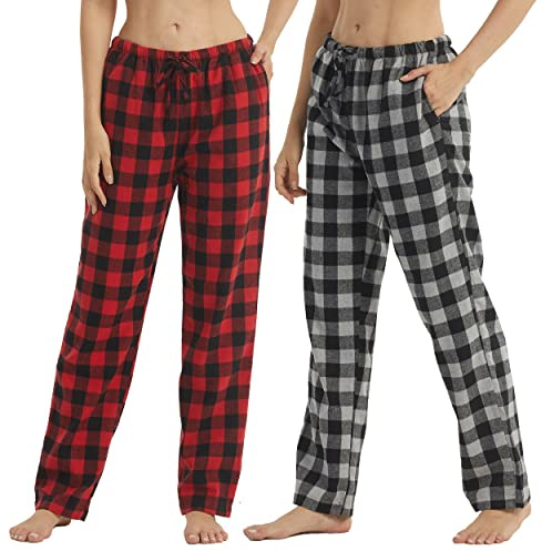 YUSHOW 2 PC Pantaloni Pigiama Donna Cotone Flanella a Quadri Lunghi Pantaloni con Tasche Coulisse Invernale Morbidi e Caldo Plaid Casa Trousers