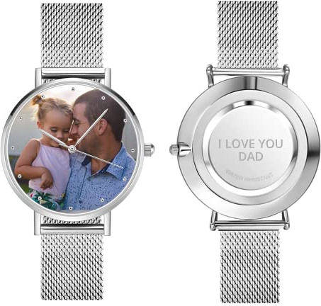 VEELU Personalisierte Foto Armbanduhr für Damen mit Gravur Text Uhr Metallarmband in Silber/Rosegold Geburtstagsgeschenk für Mutter Freundin Familie