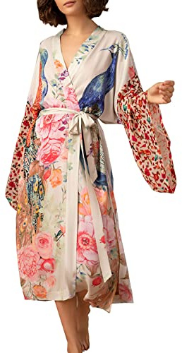 LikeJump Dam kimono morgonrock nattklänning strand bikini täckande sommar morgonrock cardigan, Ros vit, en storlek