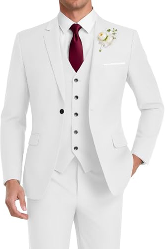 HANBANGWEI - Traje de tres piezas para hombre, corte ajustado, para bodas, bailes de graduación, negocios, traje de esmoquin con un botón, chaqueta Blazer, chaleco y pantalones, Blanco, 5X-Large