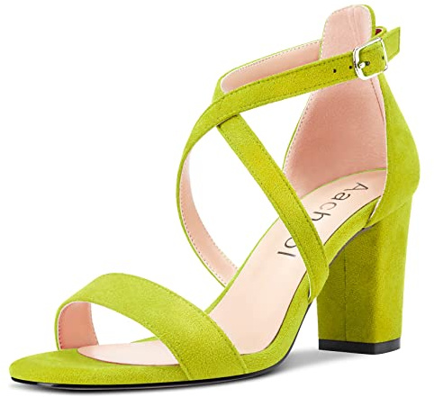 Aachcol Mujer Sandalias Redonda Abierta Punta Correa Tobillo Chunky Ancho Medio Heel Dress Zapatos Ante de Boda de Compras Verde Lima 8 CM 39 EU