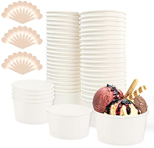 REFORUNG 50 Piezas Tarrinas de Helado 8oz/240ml Vasos de Papel para Helado Desechable Cuenco para Helado para Pastel Copas de Papel para Helado con 50 Cucharas de Madera para Helado Yogur Sopa