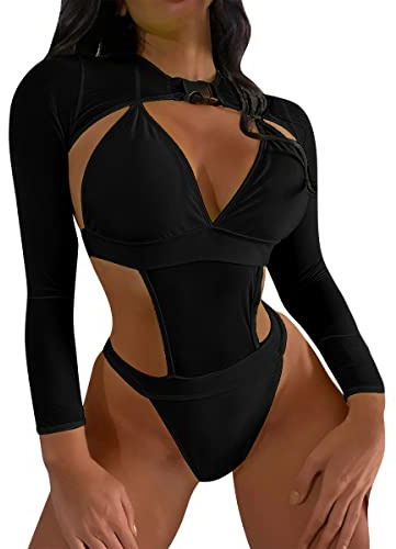 Women's Rave Outfits 2 Piece Cutout Bathing Suit Swimsuit Monokini Bodysuit Long Sleeve Shrug Crop Top Festival Holiday Clothes