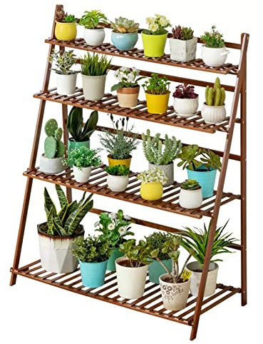 Bambus-Pflanzenständer, 4-stufiger Leiterregal Blumentopfhalter mit hinterer Stange, Klappbar Eck-Stehregal für Patio-Garten-Balkon-Wohnzimmer-Ausstellungsregale (Size : 50x45x122cm)