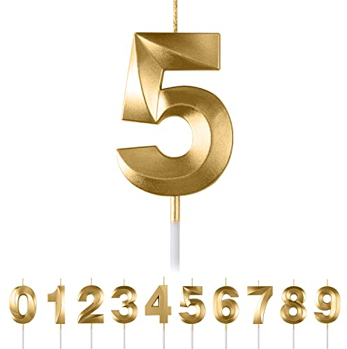 5th Birthday Number Candles - 3D Gold Number 5 Candle for Boys & Girls Birthday Party Cake Toppers