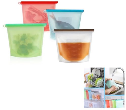 Grapelet 4 Pack Reusable Food Grade Silicone Preservation Bag - High Temperature Resistant Sealed Food Packaging for Fruit, Vegetable, and Frozen Food Storage (1000 ML)