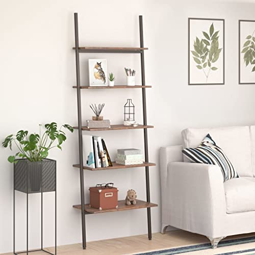 FIRBNUS Scaffalatura con 5 ripiani, colore marrone scuro e nero, 64 x 34 x 185,5 cm, scaffale in legno per scale, per esterni, cucina, soggiorno, mobili