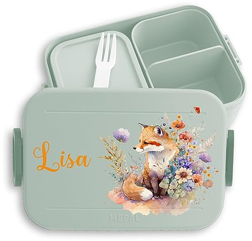 Kinder Bento Box Midi Lunchbox für Mepal Bentobox - Süßer Fuchs Brotdose Süße Füchsin Jausenbox Füchse I - 900 ml - Sage Grün - name personalisierte fuchsmotiv fox snackbox junge