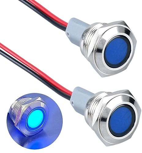 DMWD 2PCS 16mm Metal Indicator Light Mounting Hole 5/8, 12-24V AC/DC 20mA Waterproof IP67 Single lamp LED Pilot Lamp Flat Head with 20cm/7.87in. Wire for Car Truck Boat(Blue LED)