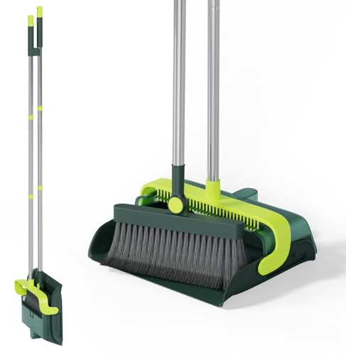 Masthome Besen mit Stiel,Besen und Kehrschaufel Set mit Langem Griff,Aufrecht Kehrmaschine und Kehrschaufel Combo,180 Grad Drehbar Besen Set mit Kamm für Zuhause Küche Hausreinigung,Grüner