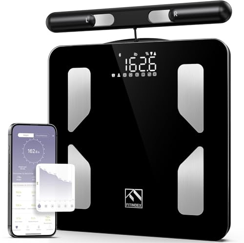 FITINDEX Bilancia per composizione corporea, 8 elettrodi intelligenti con BMI, grasso corporeo, massa muscolare, 50 misure di composizione, Bluetooth