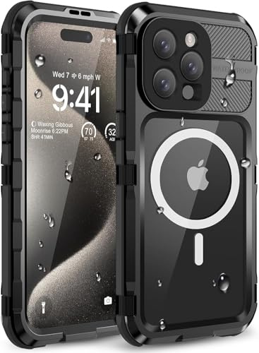WIFORT für iPhone 15 Pro Wasserdicht Outdoor Hülle für MagSafe, Metall Stoßfest Panzerhülle Militär 360 Grad Schutzhülle mit Displayschutz,Robust Heavy Duty Handyhülle iPhone 15 Pro Case, Schwarz