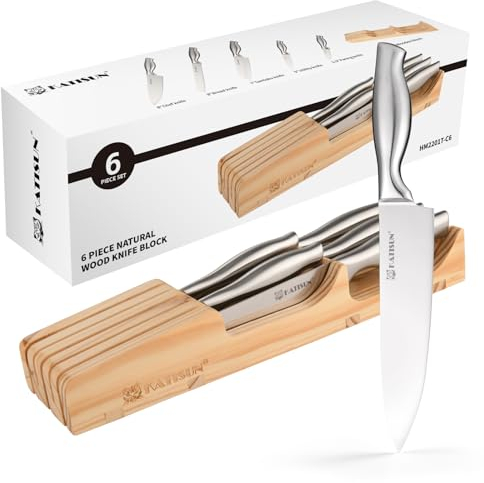 KATISUN Kombischublade Messeraufbewahrung, 6-teiliges Küchenmesserset, Japanischer Stahl 420j2 Messerset ，Edelstahl Kochmesser Set mit Holzblock