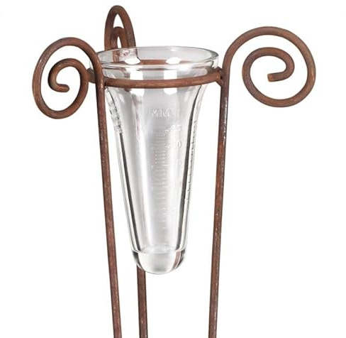 Hirsch Terracotta Regenmesser mit Glas Höhe 100 cm 3-Bein Edelrost, Erdspiess 19 cm