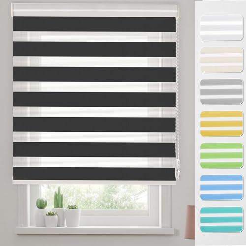 Thermo Rollo Verdunklungsrollo 75 x 150 cm Dachfenster Verdunkelung Sonnenschutz Rollo für Fenster, Zebrarollo Seitenzugrollo mit Bohren Klemmfix für Fenster, Schwarz