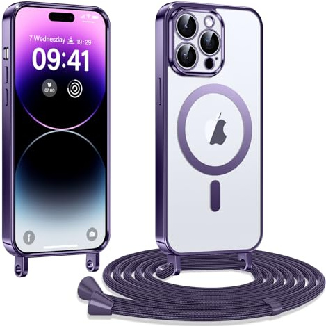 Kokio Cover Magnetica per iPhone 14 Pro Max 6,7 Pollici Case avec Cordino,Compatibile con MagSafe, Trasparente Morbido Custodia Paraurti Antiurto, Resistente all'us, Antigraffio, Viola