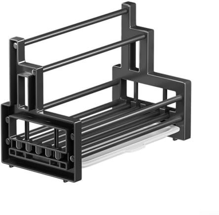 Küchenorganizer Spülbeckenregal, Schwammhalter, Flickenbürstenhalter mit Abtropfschale (schwarz)