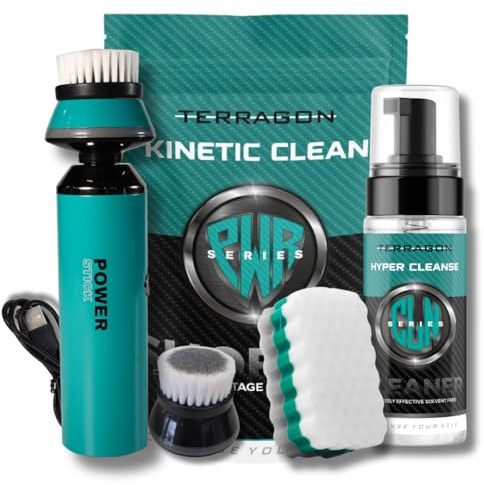 Terragon Kinetic Cleanse Shoe Cleaning Kit with Electric Shoe Cleaner Brush - Hyper Cleanse Remove Tough Stains from Leather, Nubuck, Fabric Shoes - Bonus Shoe Cube for Soles, Color-safe, Solvent-free
