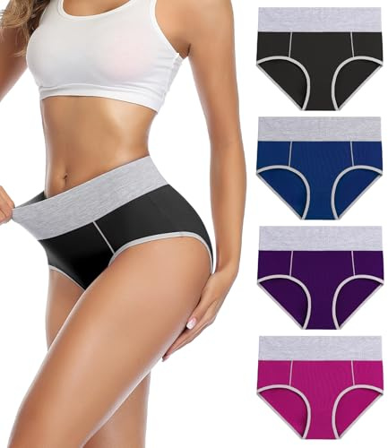 wirarpa Underwear Women High Waist Cotton Knickers Ladies Panties Full Coverage Briefs Underpants Plus Size Multicolour 4 Pack M