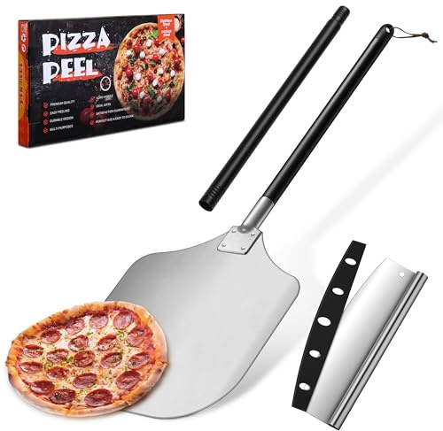 Pizza Peel Aluminum Pizzas Spatula (12 Inch), Joyfair Long Handles Metal Pizza Paddle with Cutter Rocker Pizza Oven Accessories Turning Tool Kit, Extent length 38.5” to 49”, (Painted Handle)