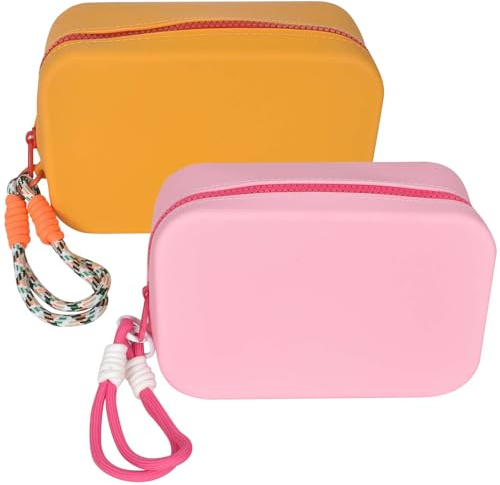Make up Tasche Silikon, wasserdichte Kosmetiktasche, Tragbare Kulturtasche Reisen, 2 Stück Schminktasche mit Reißverschluss Rosa Orange, Kulturbeutel Damen Herren, Schminkpinsel Tasche