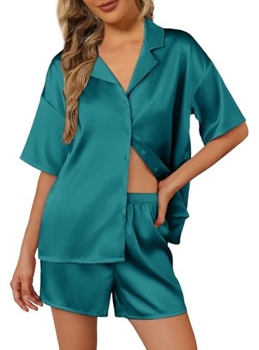 Ekouaer Pigiama Donna Manica Corta Pigiama da Donna in Raso Seta Bottoni Estate 2 Pezzi Blu Verde L
