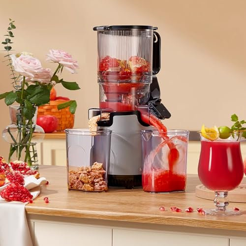 Cold Press Juicer Machines, 5 Extra Feed Chute Masticating Juicer Fit Whole Vegetable and Fruit, Self Feeding Slow Pure Juicer Easy To Clean, 200NM Torque for High Juice Yield, Easy To Clean