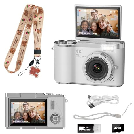 HEYMAO Kids Camera,4K Digital Camera for Photography,48MP 1080P HD Video Selfie Camera,with 180° Flip Screen Flash,with 32GB SD Card,for Starter Kid Children Teen Student Girl Boy(White)