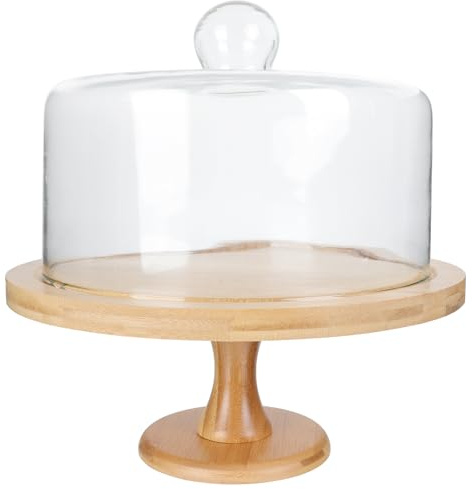 Alzata per torte in legno con base a cupola in vetro per cupcake Display Chiaro Cloche Dessert Vassoio Formaggio Pasticceria Vetrina