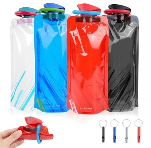 ROTKUSZ 4 Pezzi Borraccia Morbida 700ML Borraccia Pieghevole Riutilizzabile Senza BPA Borraccia Sportiva con Moschettone Bottiglia Pieghevole per Escursioni, Avventure, Viaggi(con 4 Fischio)