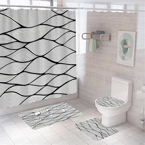 Badezimmerteppich Schwarz Weiß Badteppich rutschfest Waschbar Badgarnitur 4 Teilig – Badematte Set Mit Wc-Vorleger Und Badematte,Teppich Badezimmer Für Sicherheit Und Komfort Im Bad 50×80Cm