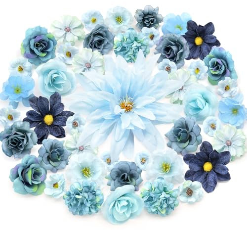 MOTONG 50 Stück Kunstblumen zum Basteln Künstlich Blütenköpfe, Künstliche Blumen Seidenblumen for Home Decor Brautstrauß Deko Blumen Blaue deko Hochzeitsdeko Tisch Party Valentinstag