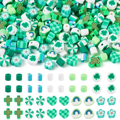PandaHall 200pcs St Patrick's Day Polymer Clay Beads Flat Round Heishi Bead Green Irish Shamrock Clover Column Flower Clay Beads for Jewelry Making
