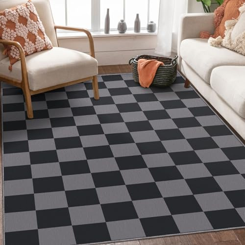 SOANNY Living Room Rug, Soft Low Pile Checkered Carpet, Non-Slip, Washable, Modern Geometric Area Mat for Bedroom Kitchen Nursery Dorm Kids Room Teen Room Bedside, Black & Grey, 120x170cm