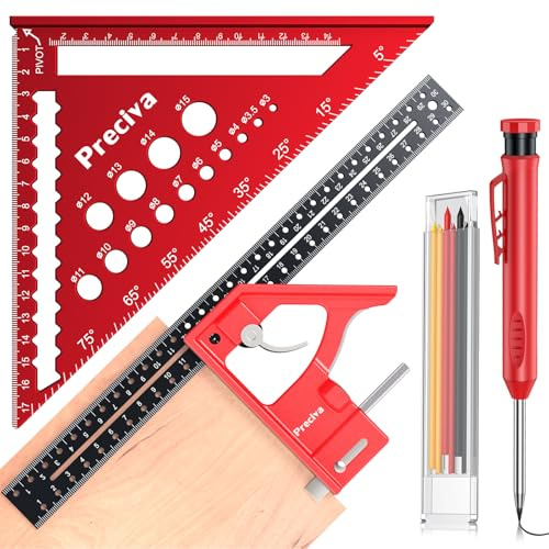 Zimmermannswinkel Set, Preciva Metrisches Streichmaß und Dreiecke Zimmermannswinkel-Set, mit Baubleistift, Kombinationswinkel Lineal aus Aluminiumlegierung für DIY, Holzarbeiten, Heimarbeit