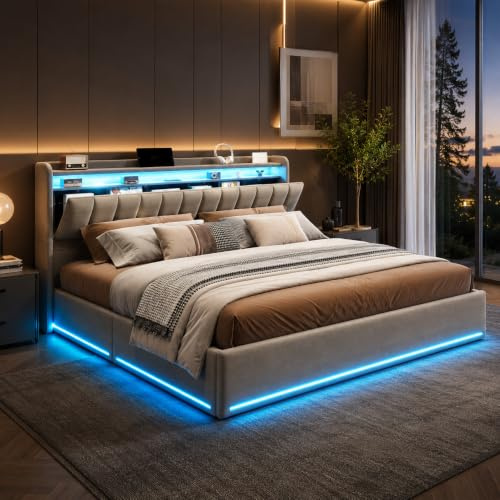 BLSYHDH Bett mit Stauraum, 140 x 200 cm, mit LED, gepolstertes Bett mit Stauraum, gefüttertes LED-hydraulisches Bett, Doppelbett mit Stauraum, gepolsterte Betten für Erwachsene, Bett mit