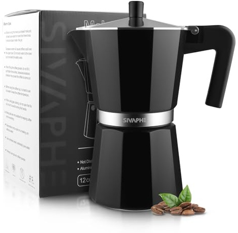 Sivaphe Stovetop Coffee Maker 3/6/9 Cups, Aluminium Moka Pot Italian Espresso Maker with Heat-Resistant Handle (Black, 12 cups)