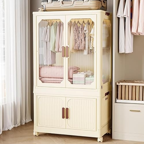 Armadio pieghevole portatile, organizer per vestiti pieghevole a 2 livelli, armadio bianco crema con asta per appenderlo, porte magnetiche e ruote, 68,6 cm di lunghezza x 43,2 cm di larghezza x 118,1