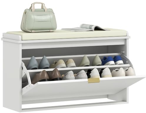 HOMCOM Banc à Chaussures avec Coussin Rembourré 80 x 26 x 47,5 cm Blanc | Meuble à Chaussures, Tiroir Rabattable, Banc d'Entrée, Couloir, Chambre