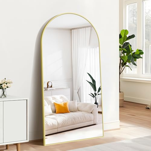 BONEWEI Bogen Ganzkörperspiegel, 180 × 86 cm Groß Standspiegel, Gewölbter Großer Wandspiegel mit Gold Rahmen, Bodenspiegel Hängend, Stehend, Kippbar für Wohnzimmer, Schlafzimmer