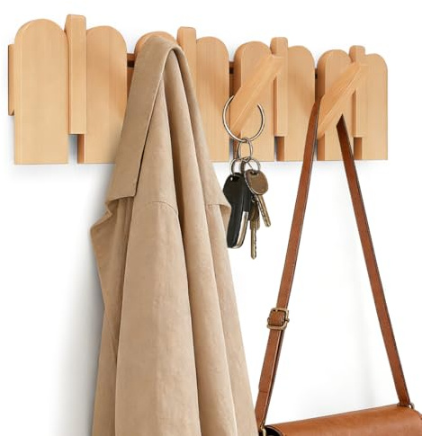 Garderobenhaken Holz Wand, Holzplatte Garderobenleiste Faltbarer Kleiderhaken mit 5 Haken, Stäbchen Garderobenhaken, 42.5*14cm, wandgarderobe bis 25kg für Jacken, Schals, Handtaschen und Mehr