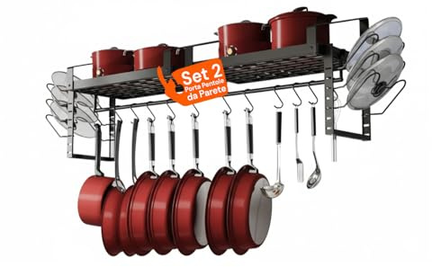 Avilia - Organiseur de 20 kg mural de cuisine, porte couvercles de casseroles avec 2 étagères et 12 crochets en fer, porte-louches et ustensiles peu encombrant, montage facile