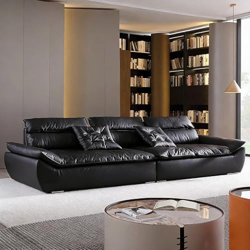 Amerikansk modern minimalistisk svart lädersoffa, massiv träram, rymlig och mjuk soffa, modern stor storlek, lämplig för vardagsrum/kontor/lägenhet.