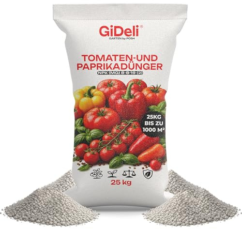 GiDeli Tomatendünger 25 kg Granulat, Paprika Gemüsedünger Chloridarm NPK | Großgebinde für Gärtnerei und Betrieb, langsam wirkende Nährstoffe, für große Anbauflächen, kräftiges Fruchtgemüse