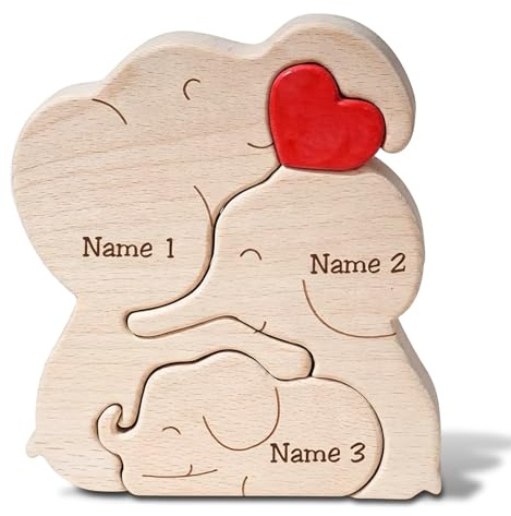 3-köpfige Familie Holzkunst-Puzzle Elefant Figur mit Rotem Herz, Familie Holzpuzzle 2D Elefant Holzdeko, Elefanten Deko Holzfiguren, Dekorative Elefant Deko für Zuhause, Büro, Wohnzimme, 14x12x2cm